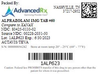 Alprazolam 1mg Tab Qty 60 Ndc 80425 0110